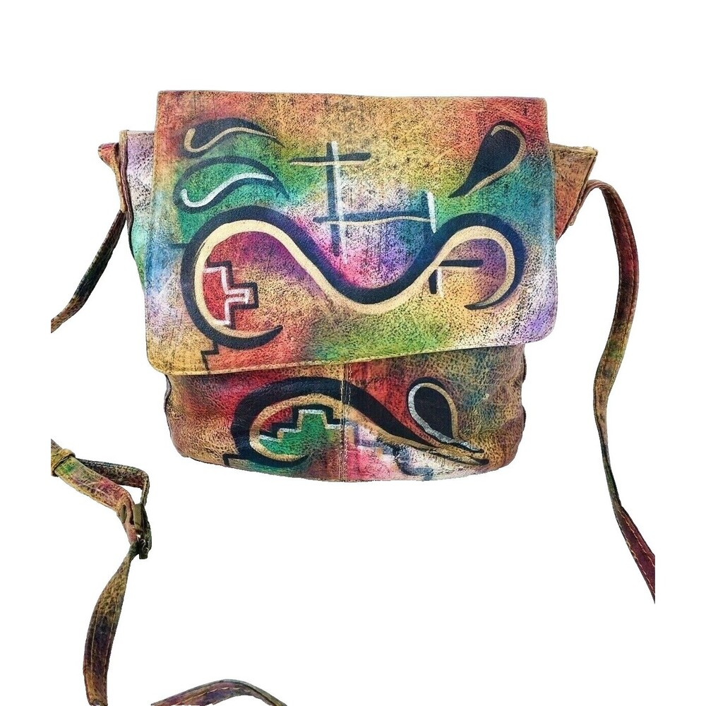 Vintage Artsy Wearable Art "The Animal" Painted Leather Shoulder Bag Purse India
